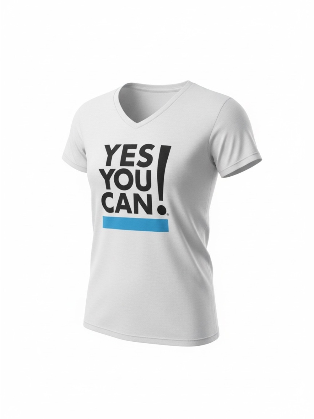 Next Level Apparel White V-Neck Tee with Black Text and Blue Accent